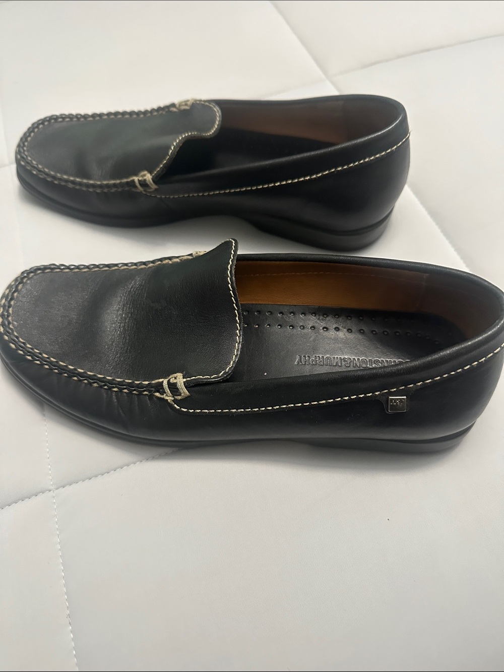 Johnston & Murphy Black Leather Slip-On Loafers with White Stitching